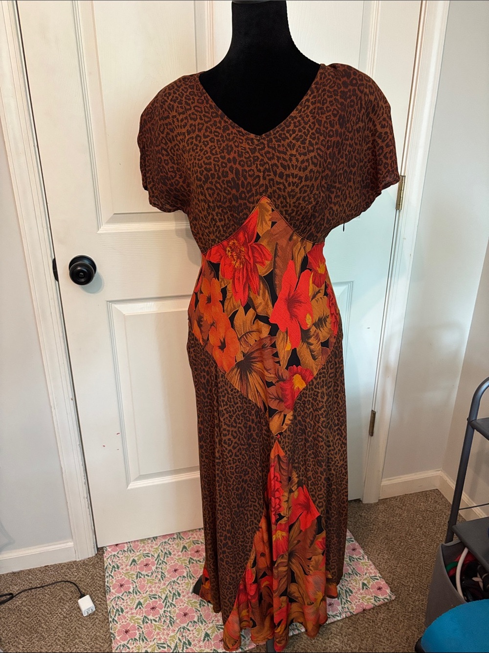 Carole Little Brown Leopard Print Maxi Dress with Red & Orange Floral Panels